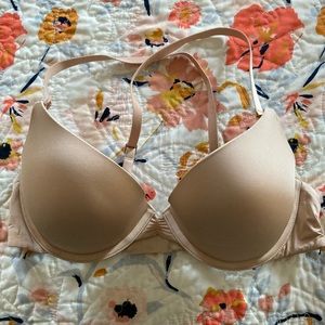 Beige Real Power Plunge Crossbody Push Up Bra 36B